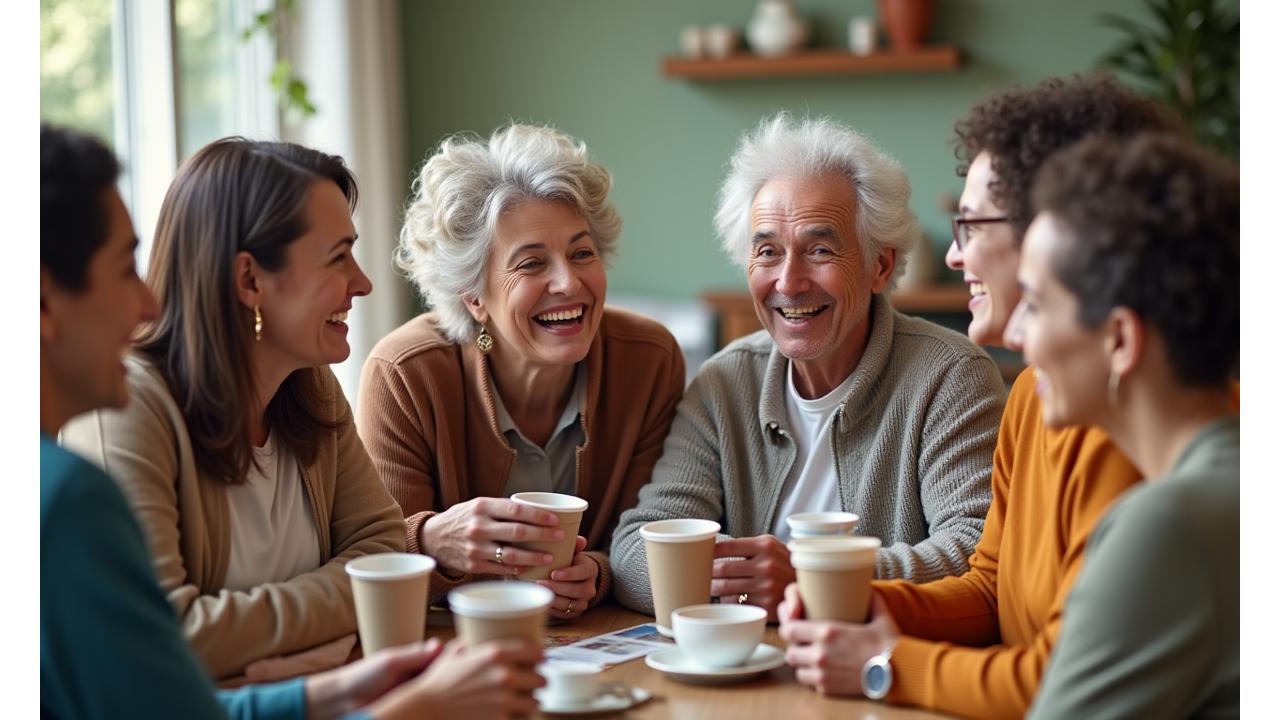 Gruppe von lachenden, freundlichen Erwachsenen verschiedener Altersgruppen, die sich in einem hellen, einladenden Café angeregt unterhalten und Kaffee trinken. Fokus auf Authentizität und Verbundenheit.