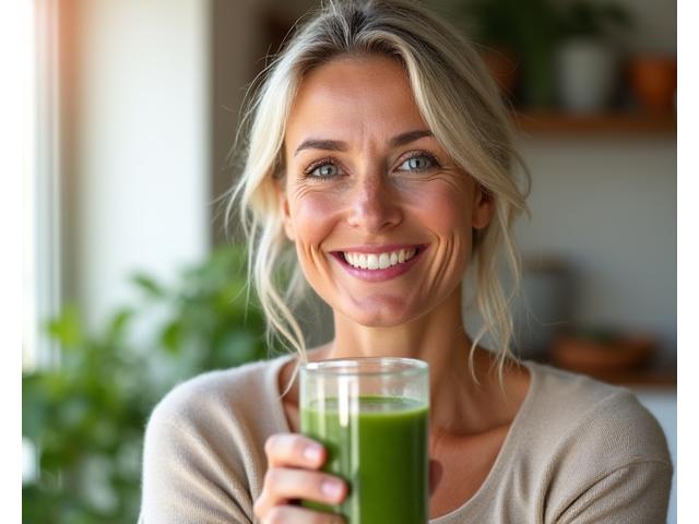 Porträt einer lächelnden, ungefähr 50-jährigen Frau mit freundlichem Ausdruck, die einen gesunden Smoothie hält und Lebensfreude ausstrahlt.