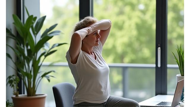 Eine Frau mittleren Alters macht Yoga-Übungen im Freien auf einer grünen Wiese unter einem Baum