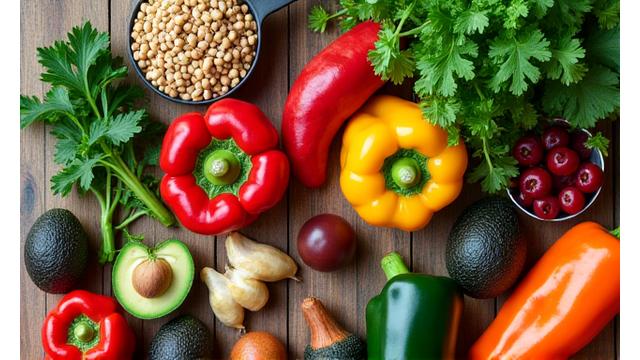 Eine bunte Auswahl an frischem Gemüse und Obst auf einem Holztisch, zubereitet für eine gesunde Mahlzeit