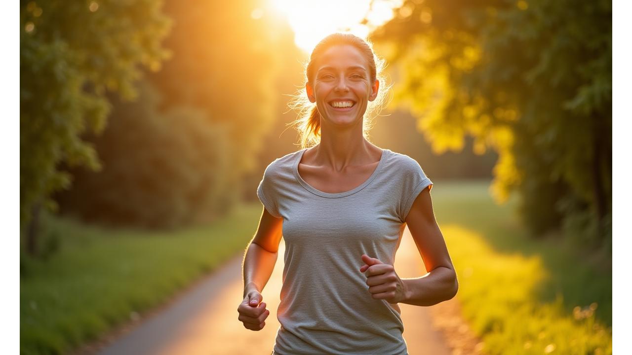 Glückliche Frau über 40 joggt lachend in einem sonnigen Park, umgeben von Natur, strahlt Vitalität aus.