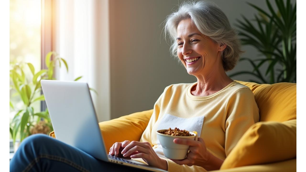 Eine lächelnde Frau mittleren Alters, die in einem hellen Raum ihren Laptop auf dem Schoß hat und gesundes Müsli isst, symbolisiert Wohlbefinden und digitale Verbindung.