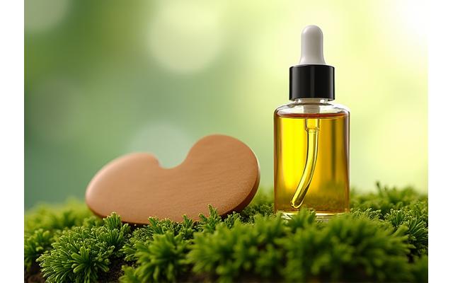 Eine kleine Glasflasche mit Bio-Gesichtsöl und ein Holzkamm auf einem Moosbett, symbolisch für Natur und Reinheit.