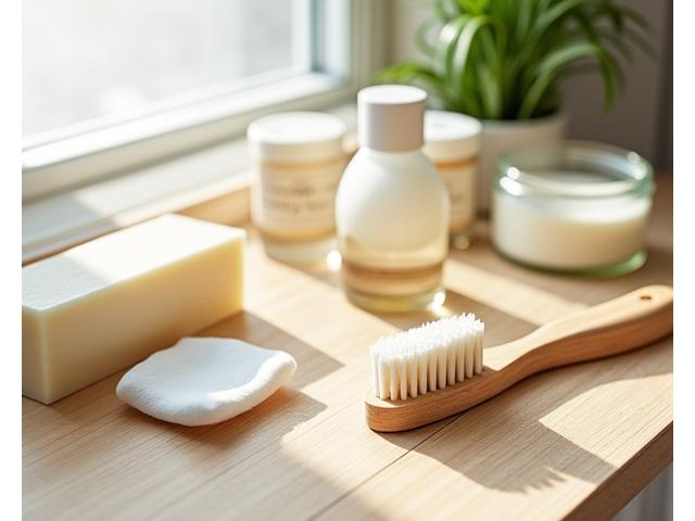 Eine geöffnete Bambus-Zahnbürste, fester Shampoo-Riegel und ein wiederverwendbarer Wattepad auf einer Holzoberfläche im Badezimmer, umgeben von sanftem Licht.