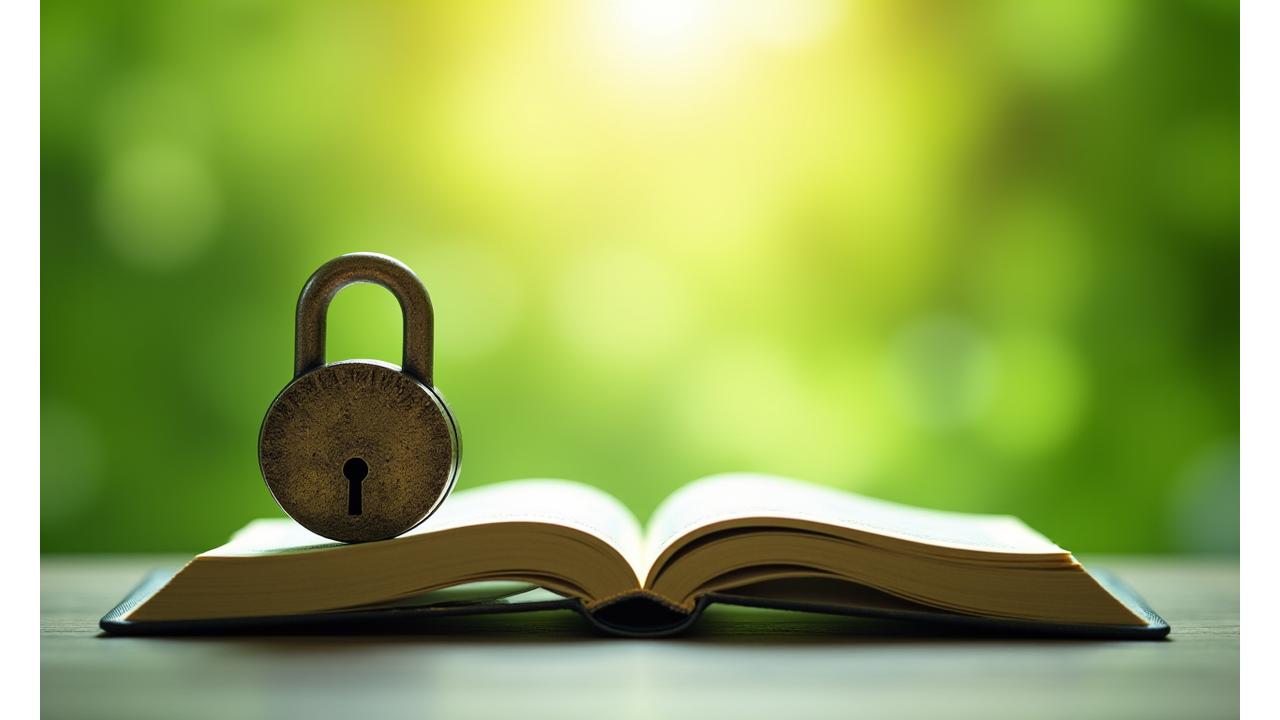 Symbolische Darstellung von Transparenz und Sicherheit: Eine Waage mit einem Schloss und einem geöffneten Buch, umgeben von sanftem, grünem Licht.
