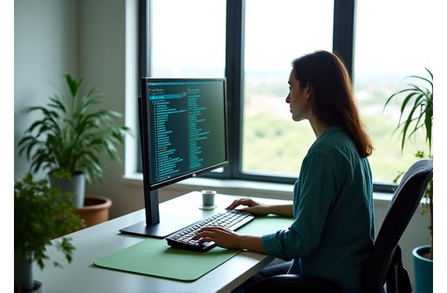 Details eines ergonomisch eingerichteten Schreibtischs mit einem höhenverstellbaren Tisch, externem Monitor und ergonomischem Stuhl.