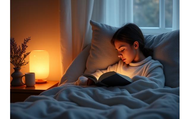 Eine Person liest entspannt ein Buch bei gedämpftem Licht, neben einer Tasse Tee und einer Lavendelpflanze.