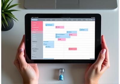 Eine Person nutzt eine Kalender-App auf einem Tablet, die Termine und Farbcodierungen für Ruhezeiten anzeigt, um Zeitmanagement zu üben.