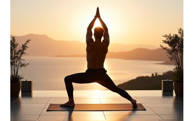 Jüngerer Mann in Yogapose auf einer Terrasse mit Blick auf einen See, im Sonnenaufgang.