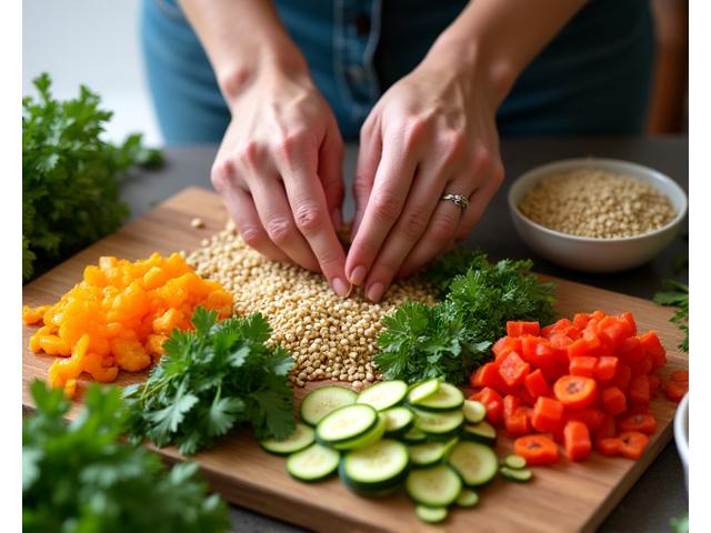 Detaillierte Aufnahme von Händen, die frisches Gemüse für eine gesunde Mahlzeit zubereiten.